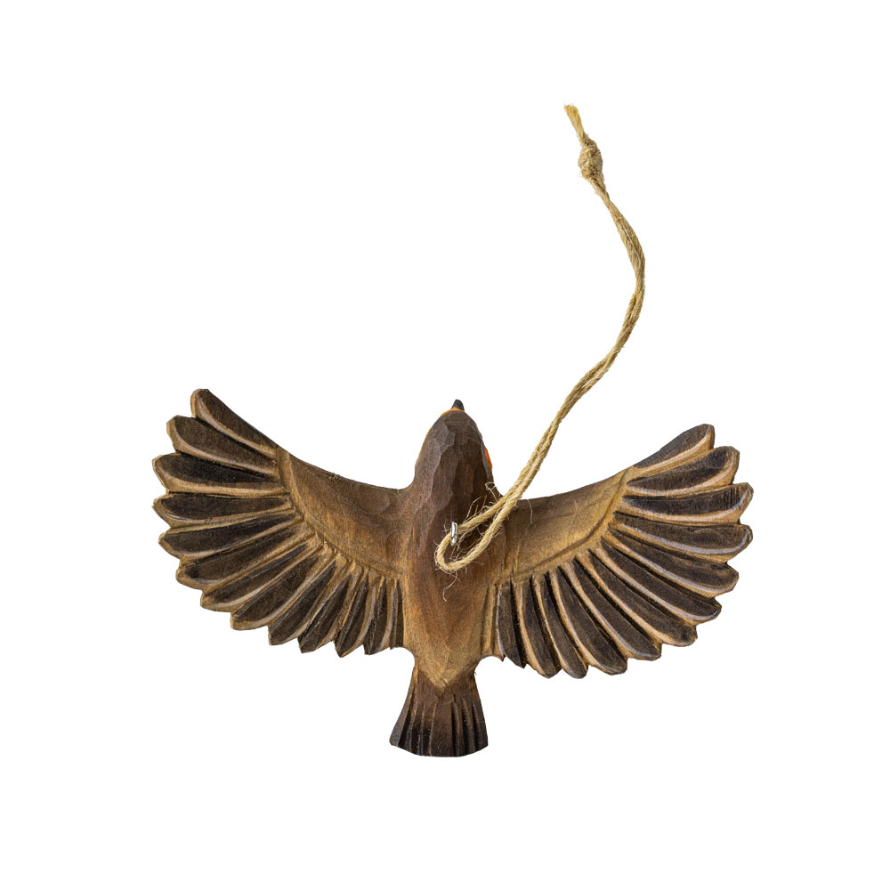 Forest Décor – Flying Robin viewed from above with spread wings and hanging string.