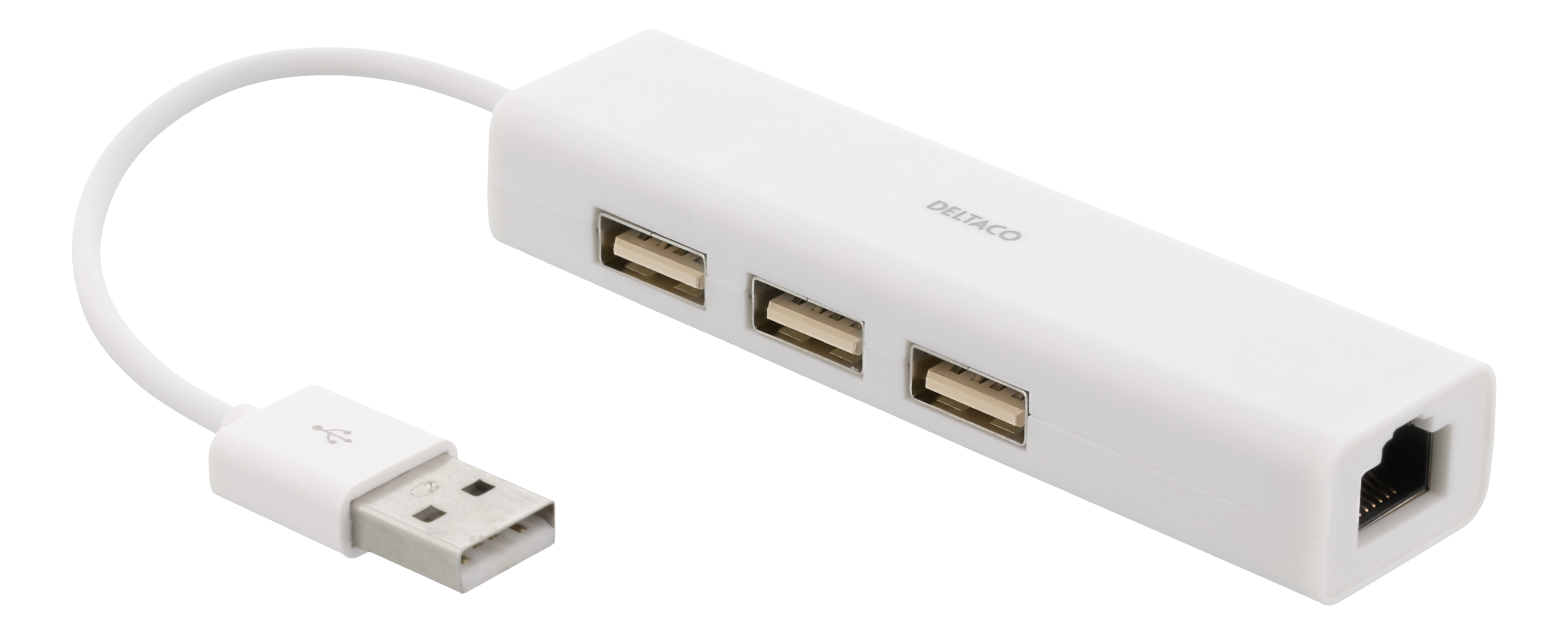 Deltaco USB 2.0 nätverksadapter med USB-hubb, 100Mbps, 3xUSB, vit