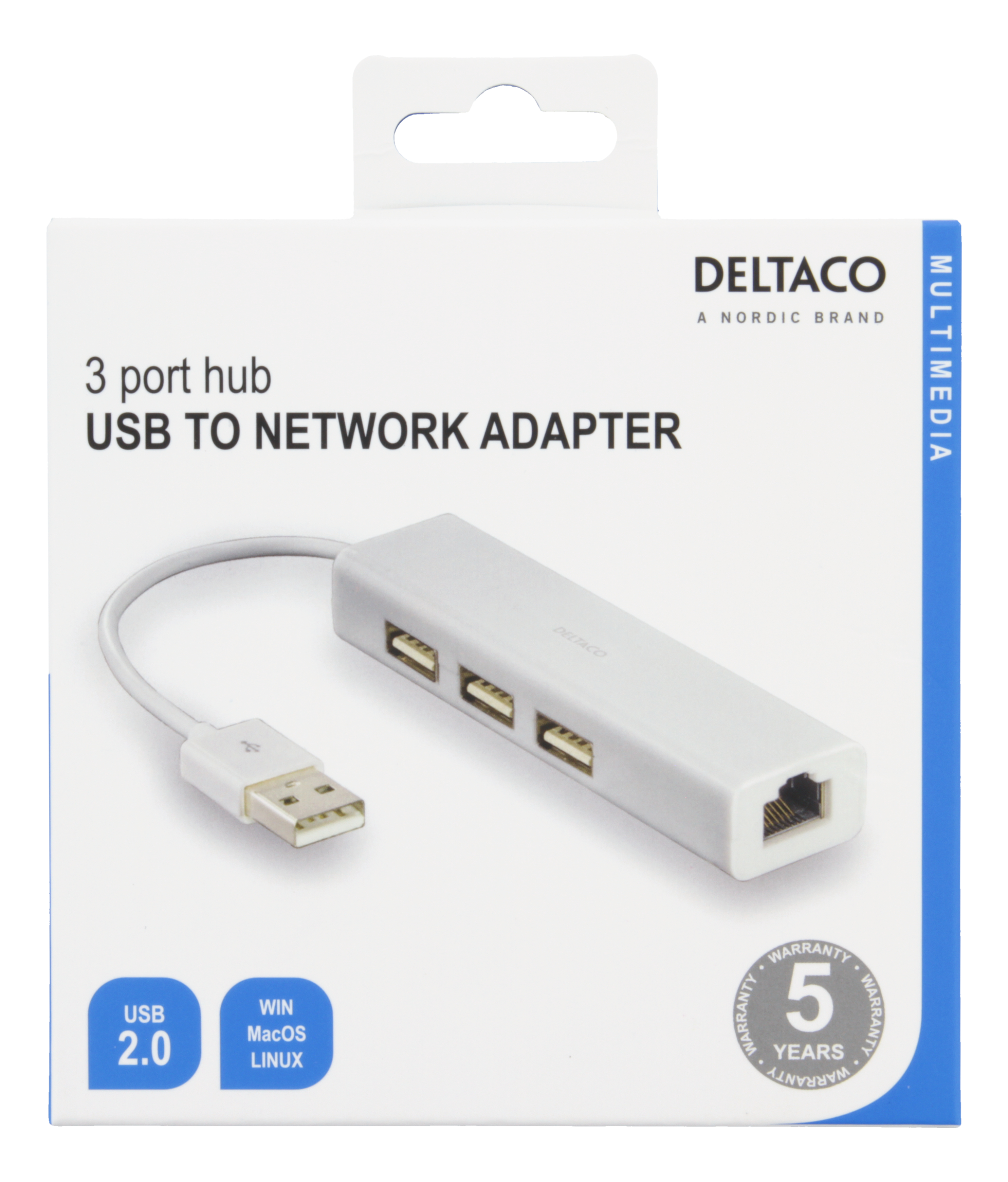 Deltaco USB 2.0 nätverksadapter med USB-hubb, 100Mbps, 3xUSB, vit - 3