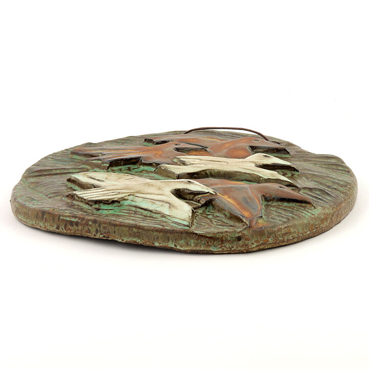 Birger Åström (1960s) Green Wall Plaque with Brown/White Birds Relief 23 cm