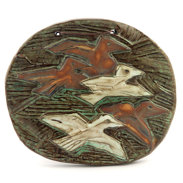 Birger Åström (1960s) Green Wall Plaque with Brown/White Birds Relief 23 cm
