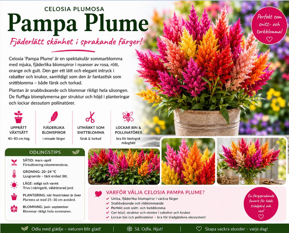 Celosia plumosa ‘Pampa Plume’ Luftig, fjäderlik blomning i sprakande färger