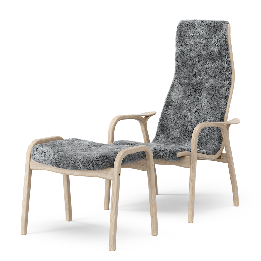 Lamino Armchair + Footstool (White pigm. Oak/Sheepskin Sc. grey) - Quickship - Swedese