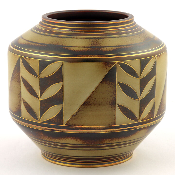 Gunnar Nylund (Flambé 1932) Art Deco Vase with Golden Decor 14 cm