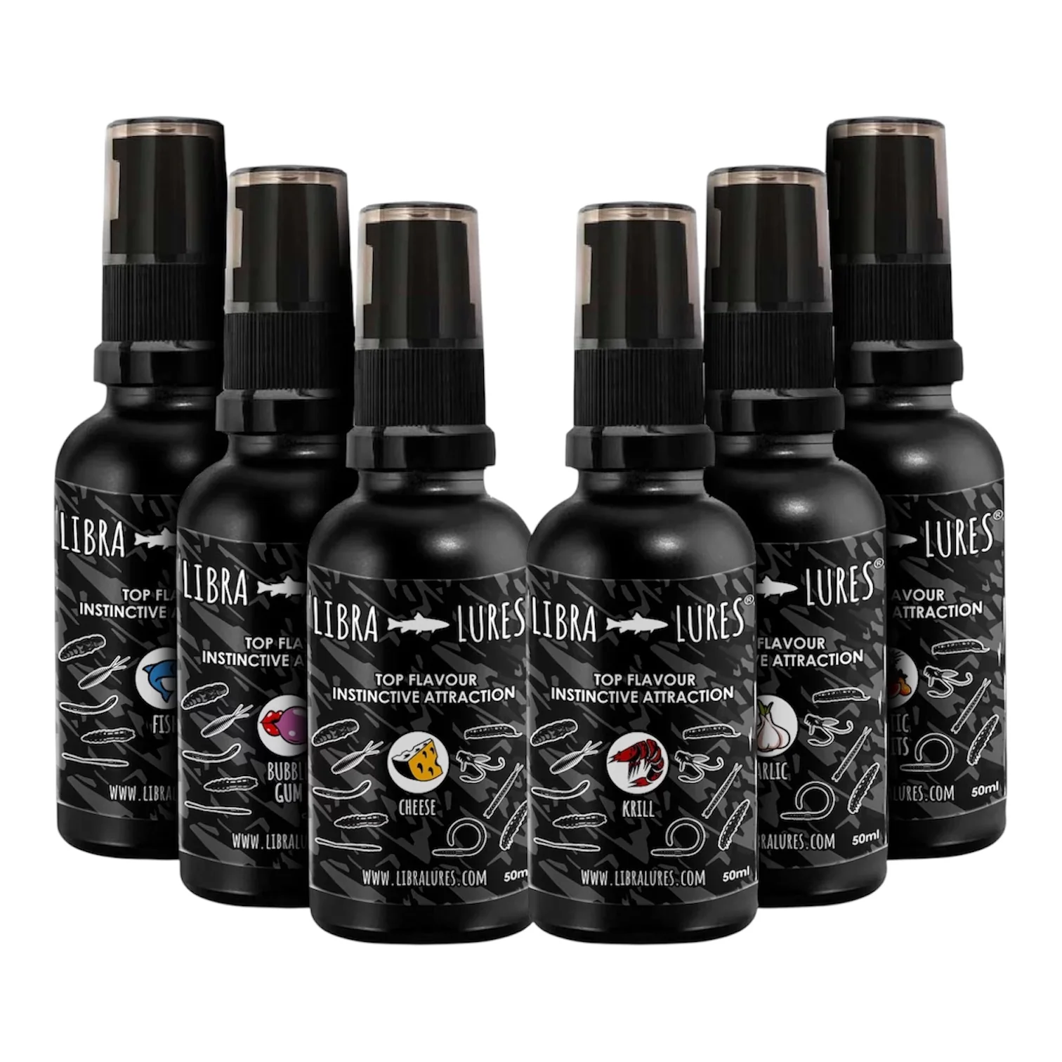 Libra Lures luktspray (50ml) finns i sex olika varianter, perfekt när du vill ha extra mycket doft eller spetsa till ditt bete till regnbåge, röding osv.