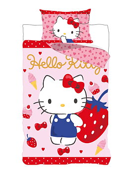 Hello Kitty Strawberry Bäddset - Påslakan och Örngott 140 x 200 cm - Vändbart