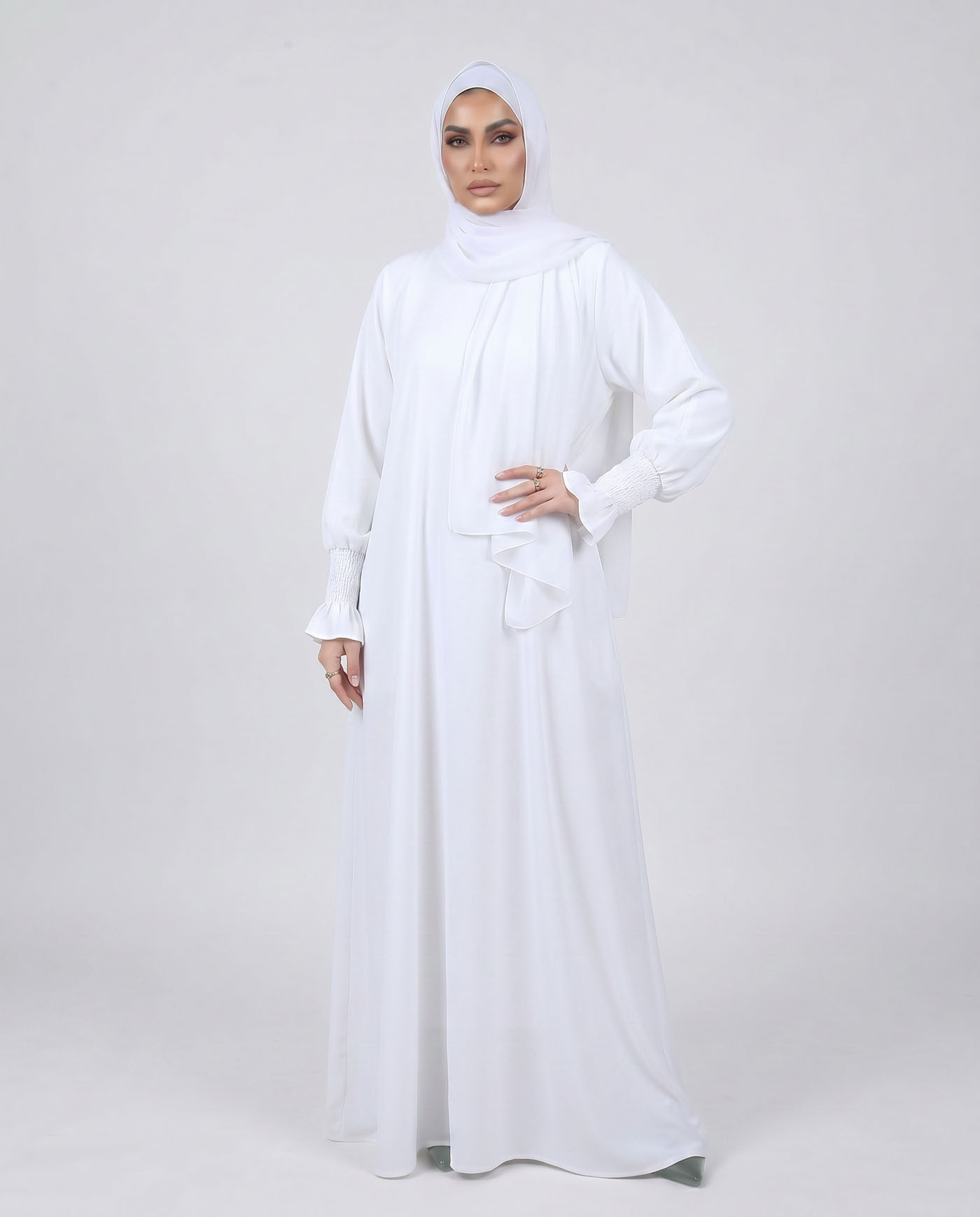 Maryam Abaya in Nida fabric with Hijab - White - 4