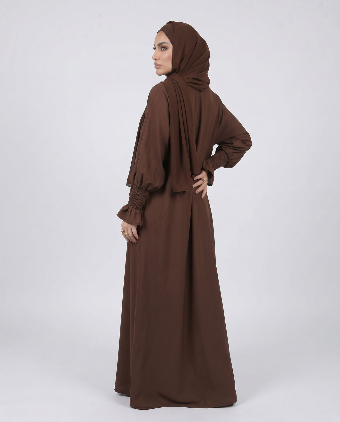 Maryam Abaya in Nida fabric with Hijab - Dark Brown - 3