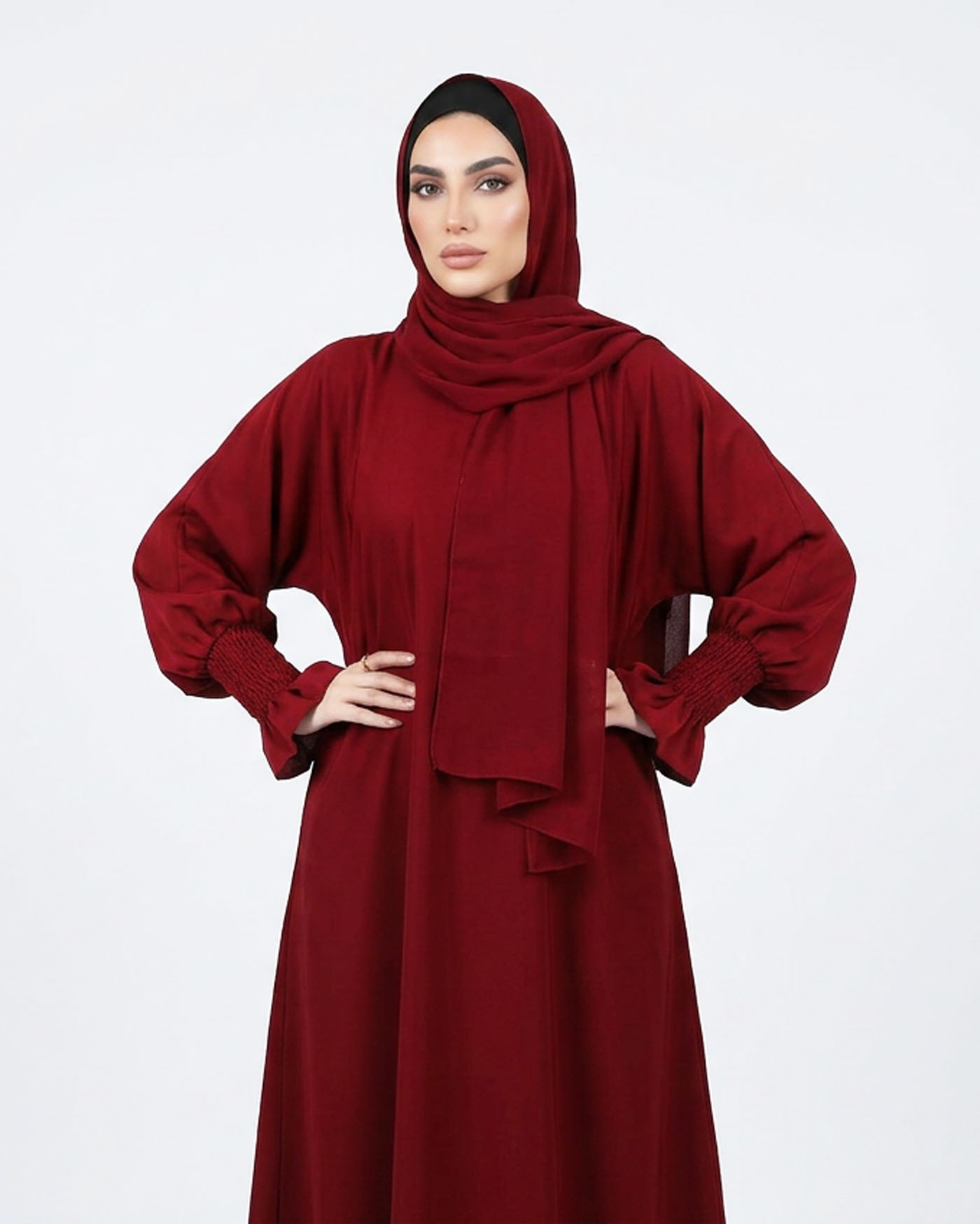 Maryam Abaya in Nida fabric with Hijab - Wine Red - 2
