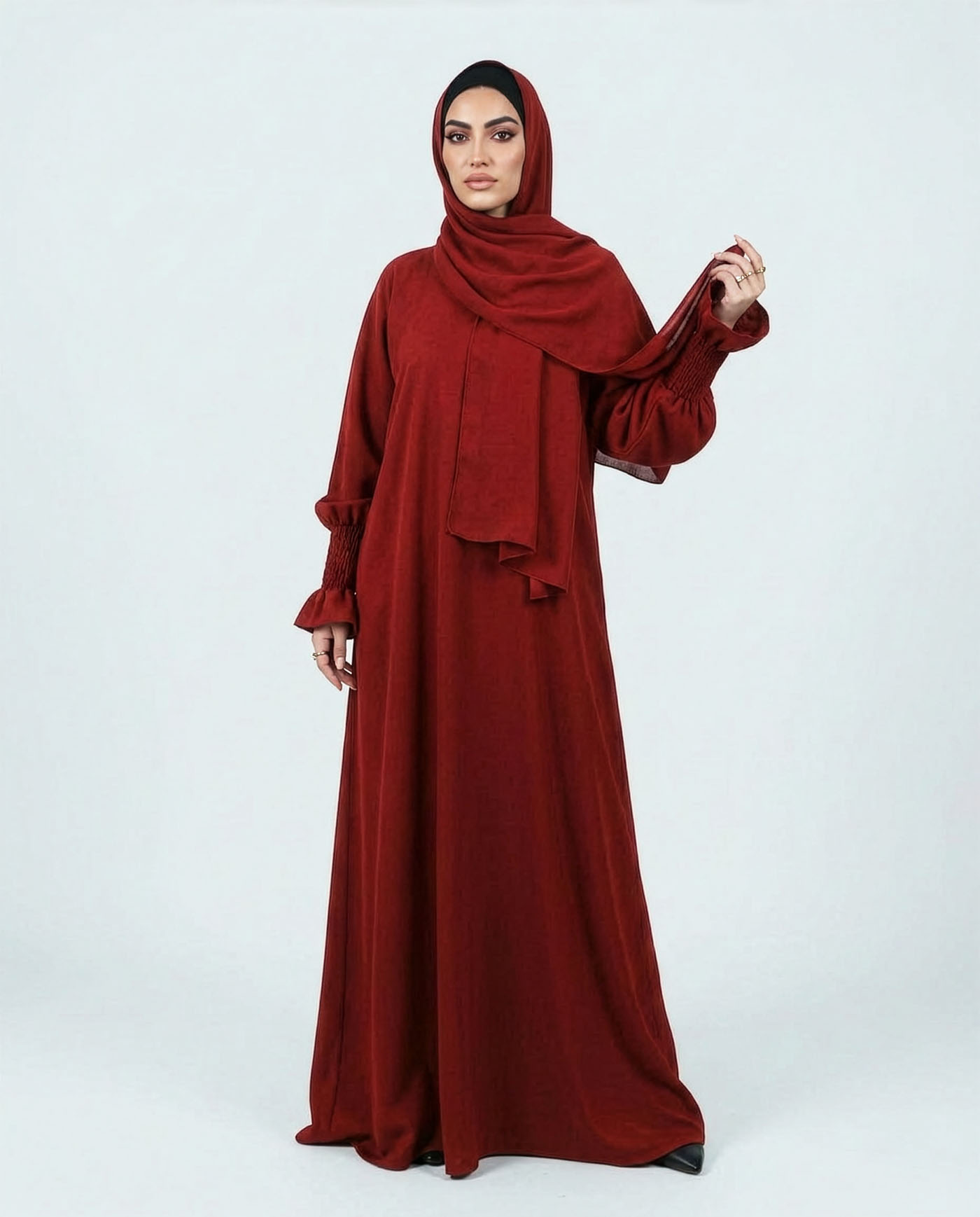 Maryam Abaya in Nida fabric with Hijab - Wine Red - 5