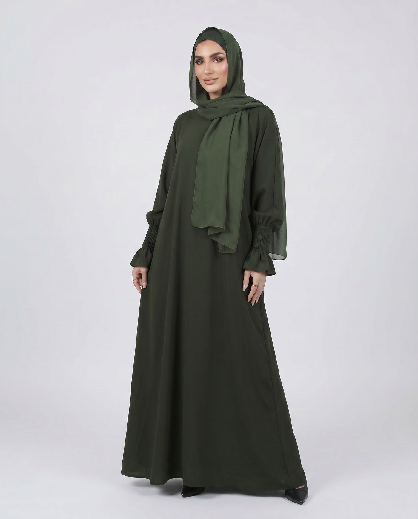 Maryam Abaya in Nida fabric with Hijab - Olive Green - 2