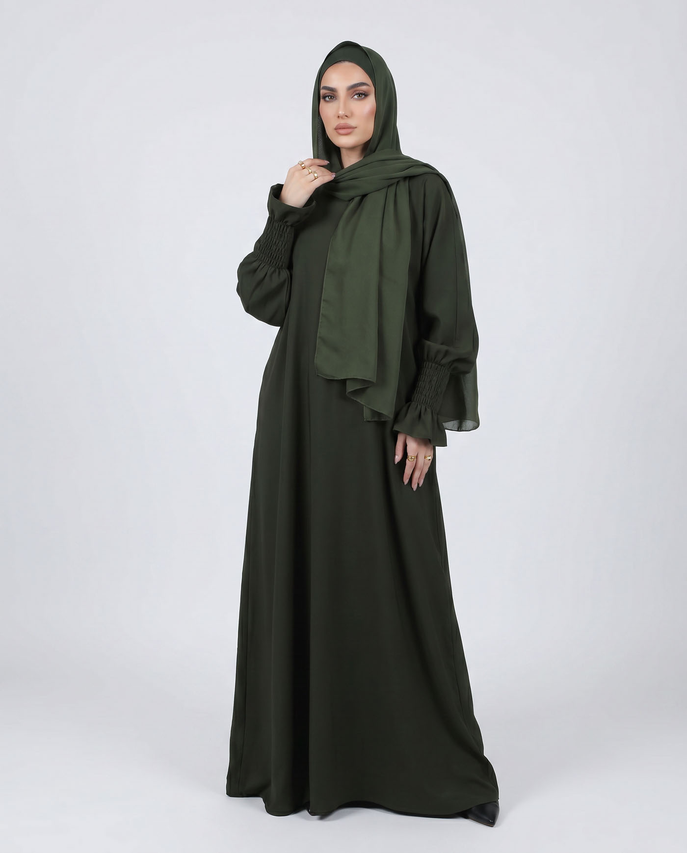 Maryam Abaya in Nida fabric with Hijab - Olive Green