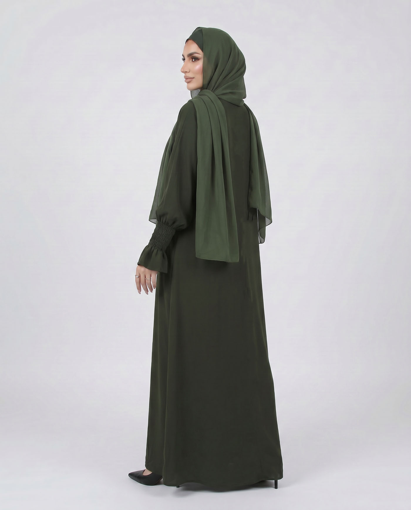 Maryam Abaya in Nida fabric with Hijab - Olive Green - 3