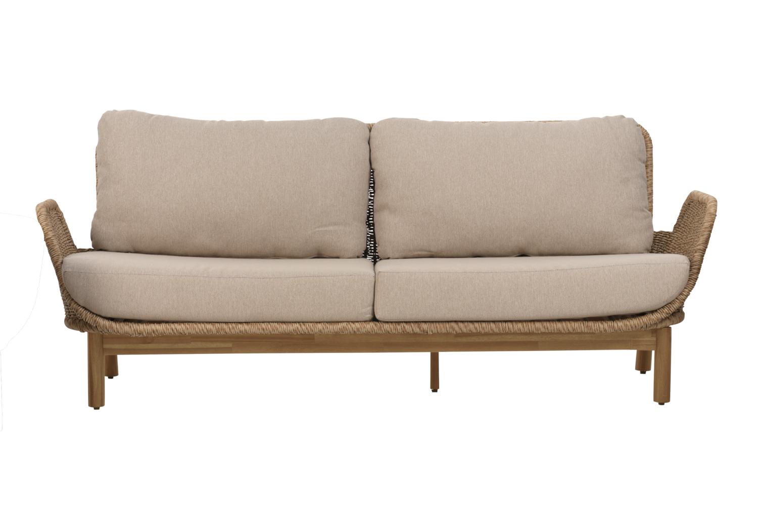 Närbild på Lily soffa natur med twistad konstrotting och ben i teak