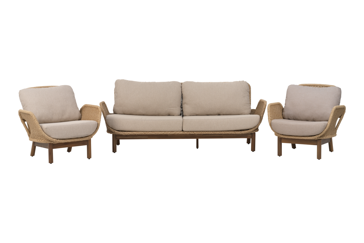 Lily soffgrupp natur från Brafab med soffa och två fåtöljer i twistad konstrotting