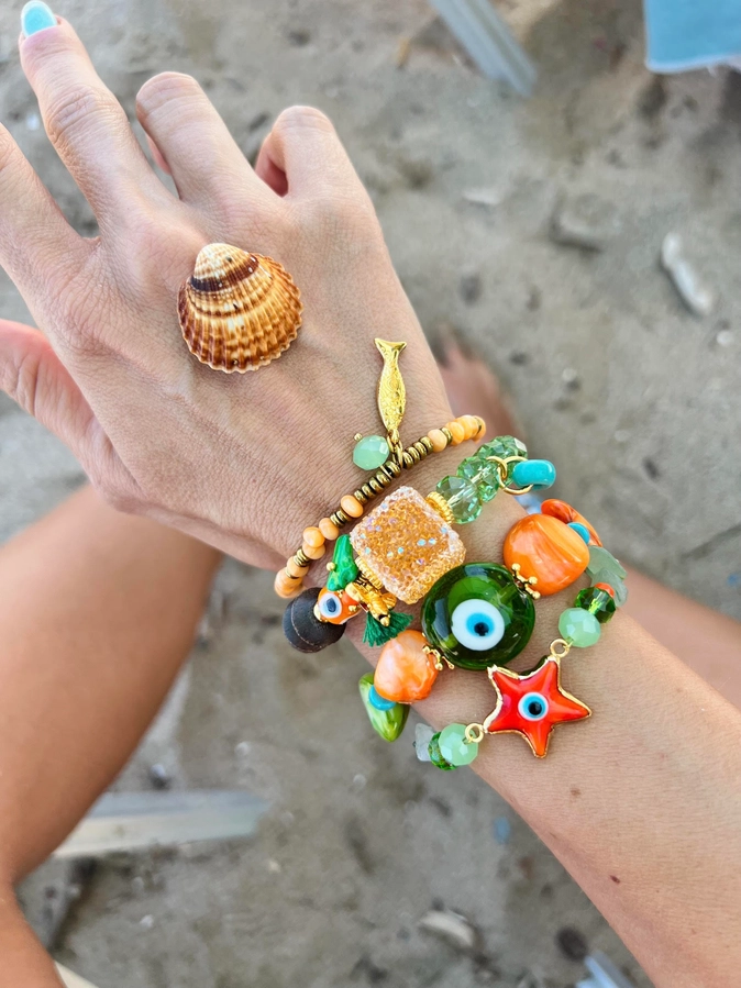 Armband med orange fyrkantig pärla - 2