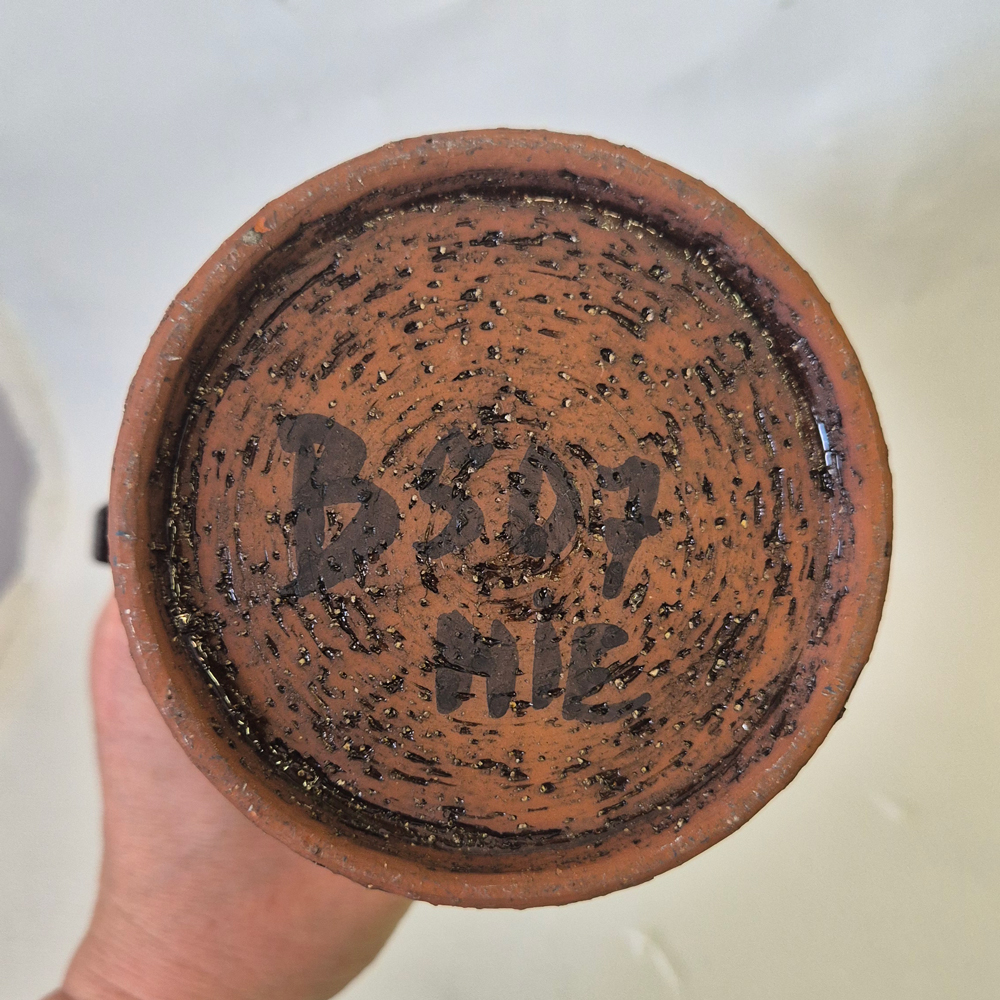 vintage VAS, brun grov lera med blått mönster, Bromma keramik, h 18,5 cm  - 5
