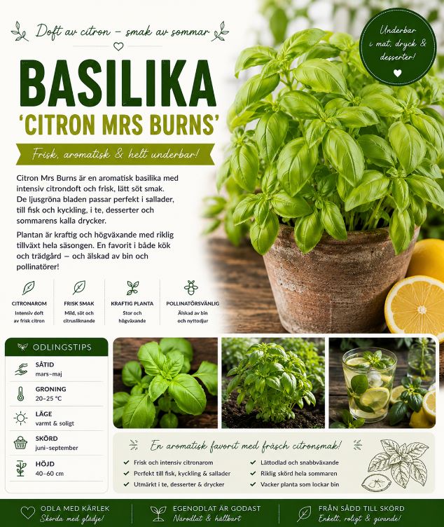 Basilika - ‘Citron Mrs Burns’ -  Aromatisk citronbasilika med intensiv och frisk doft