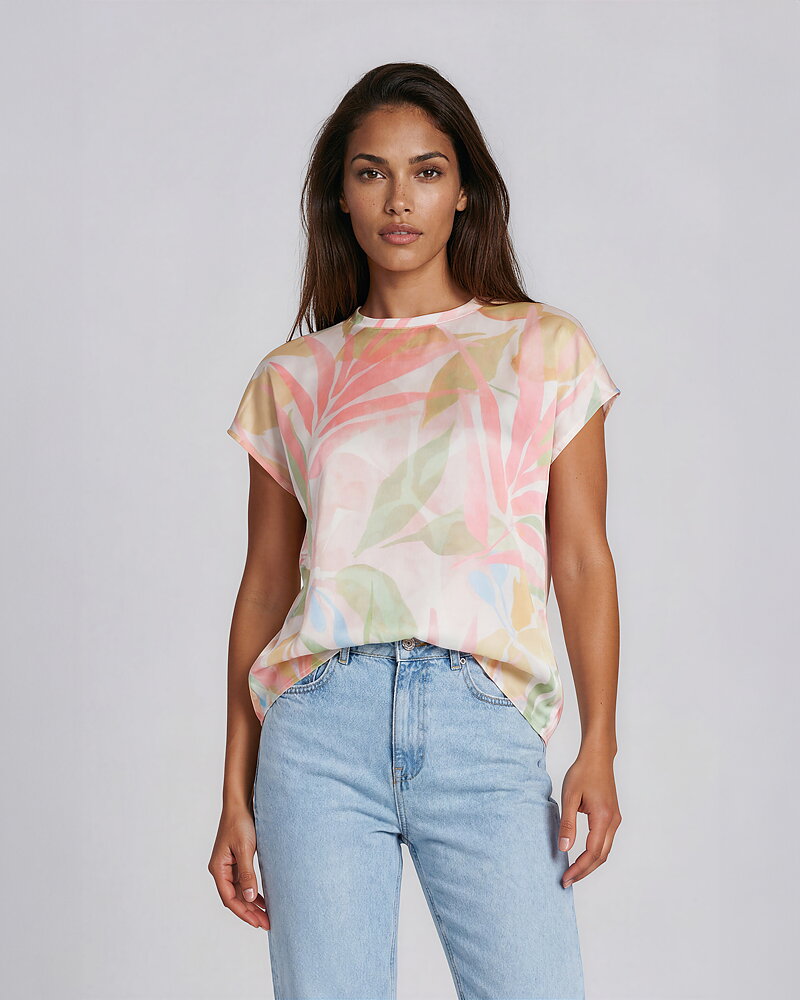 Blus holkärm bladmönstrad rosa-korall/grön/ljusbeige
