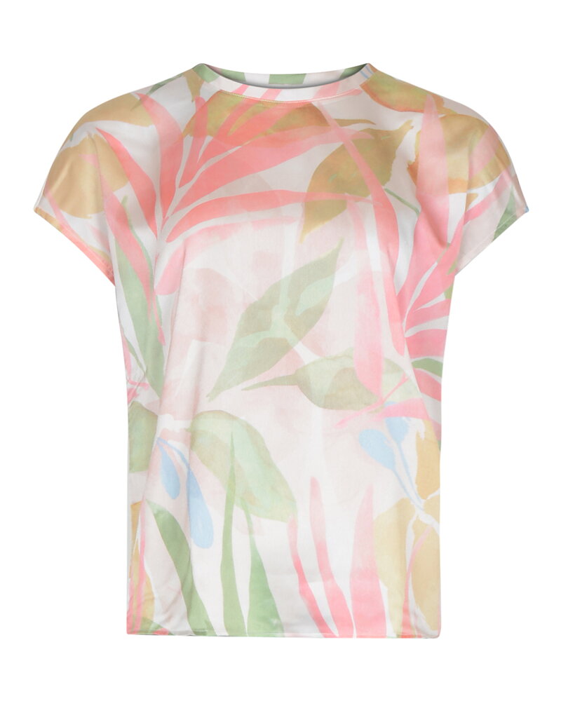 Blus holkärm bladmönstrad rosa-korall/grön/ljusbeige