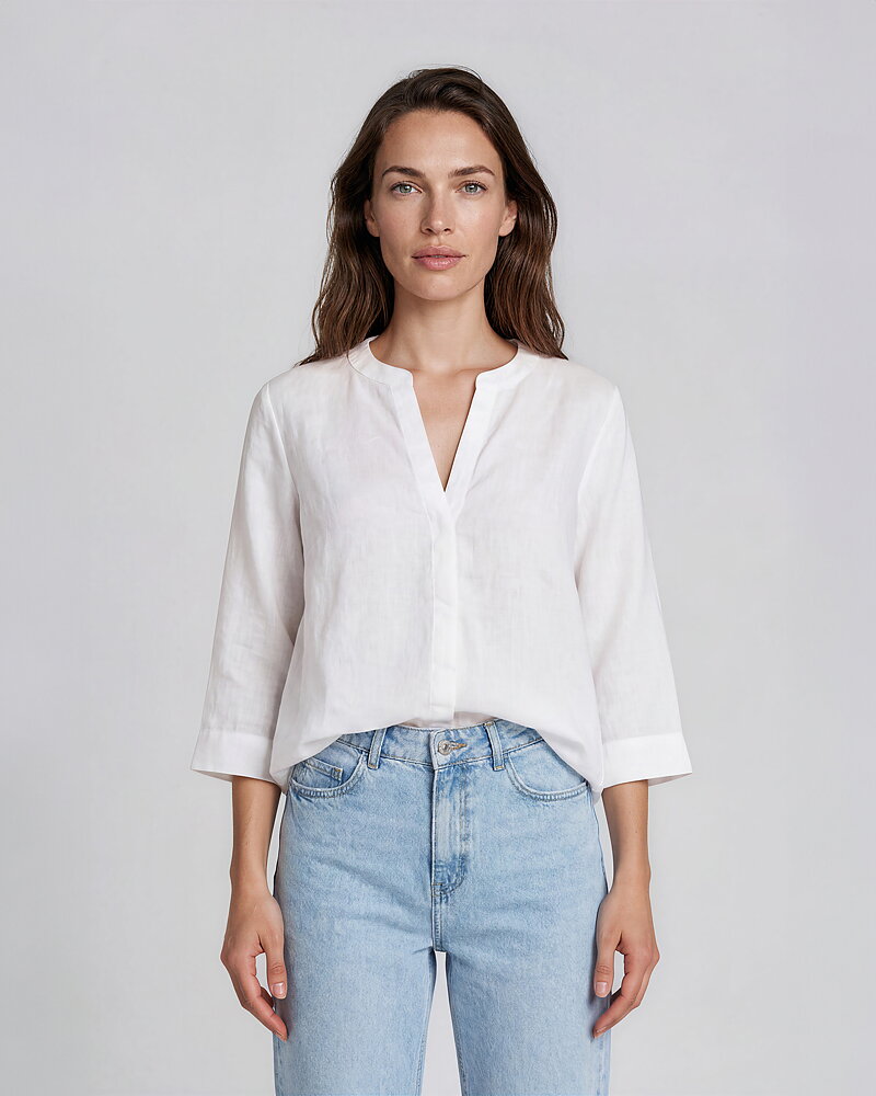 Linneblus v-ringad dold knäppning offwhite