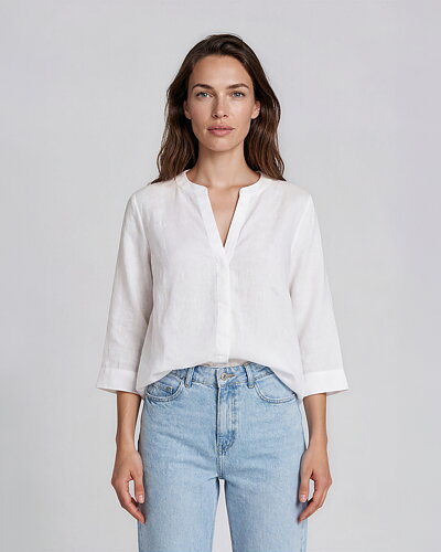 Linneblus v-ringad dold knäppning offwhite