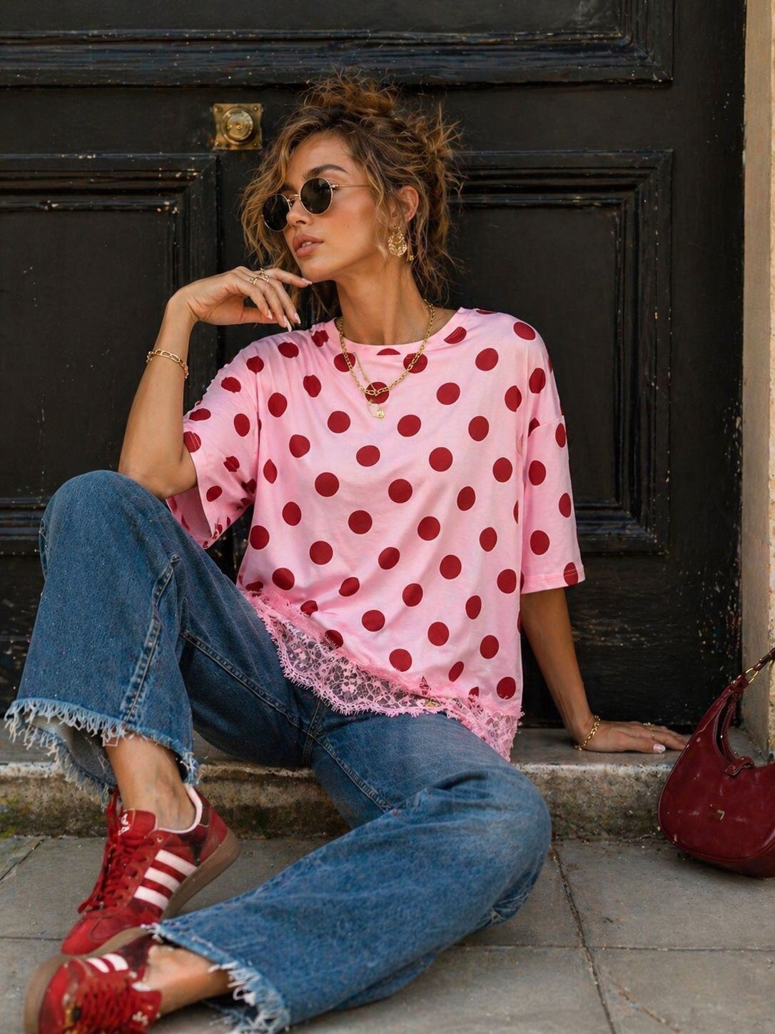 T-shirt polkadot/lace pink - 3