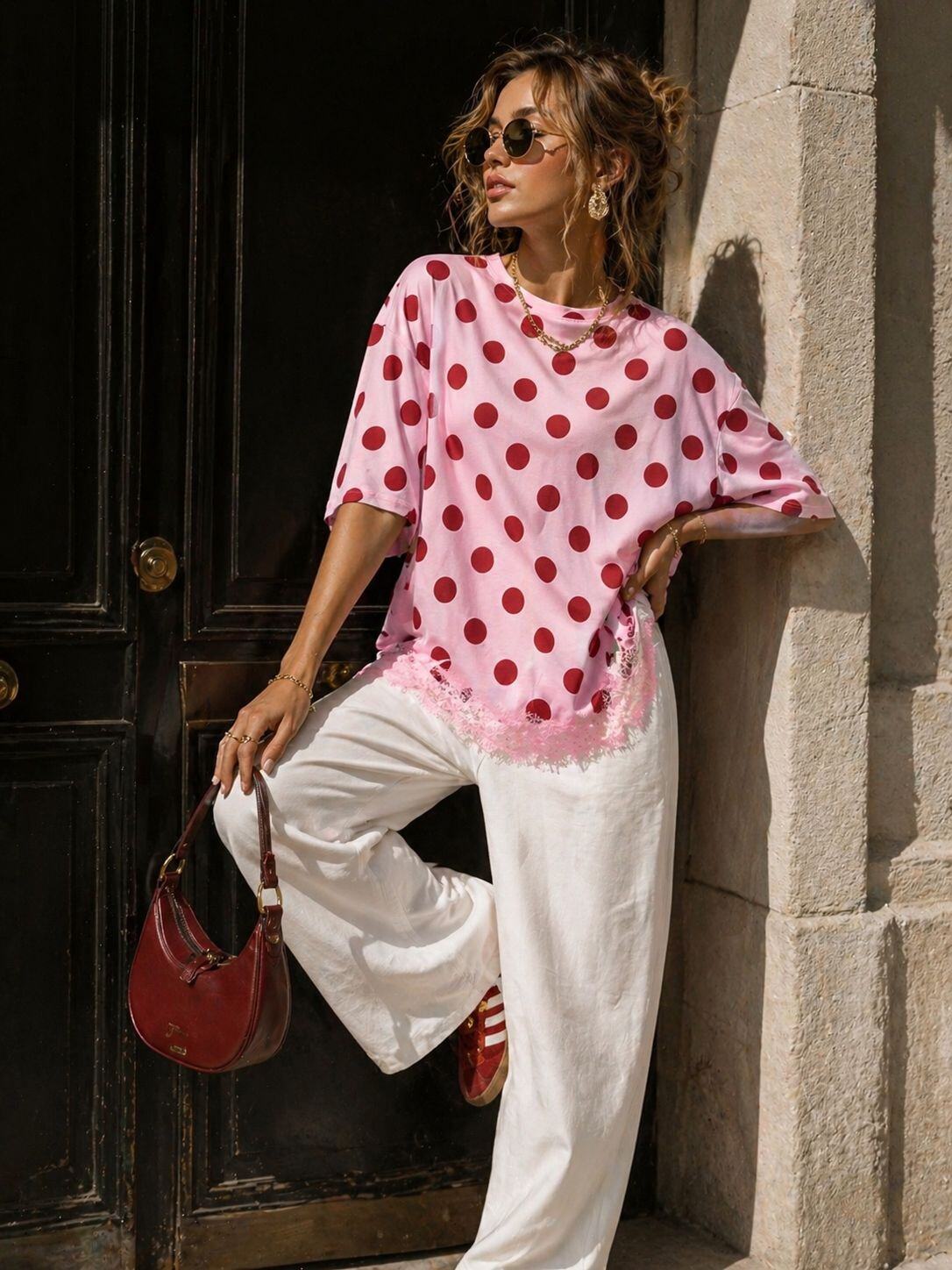 T-shirt polkadot/lace pink - 2