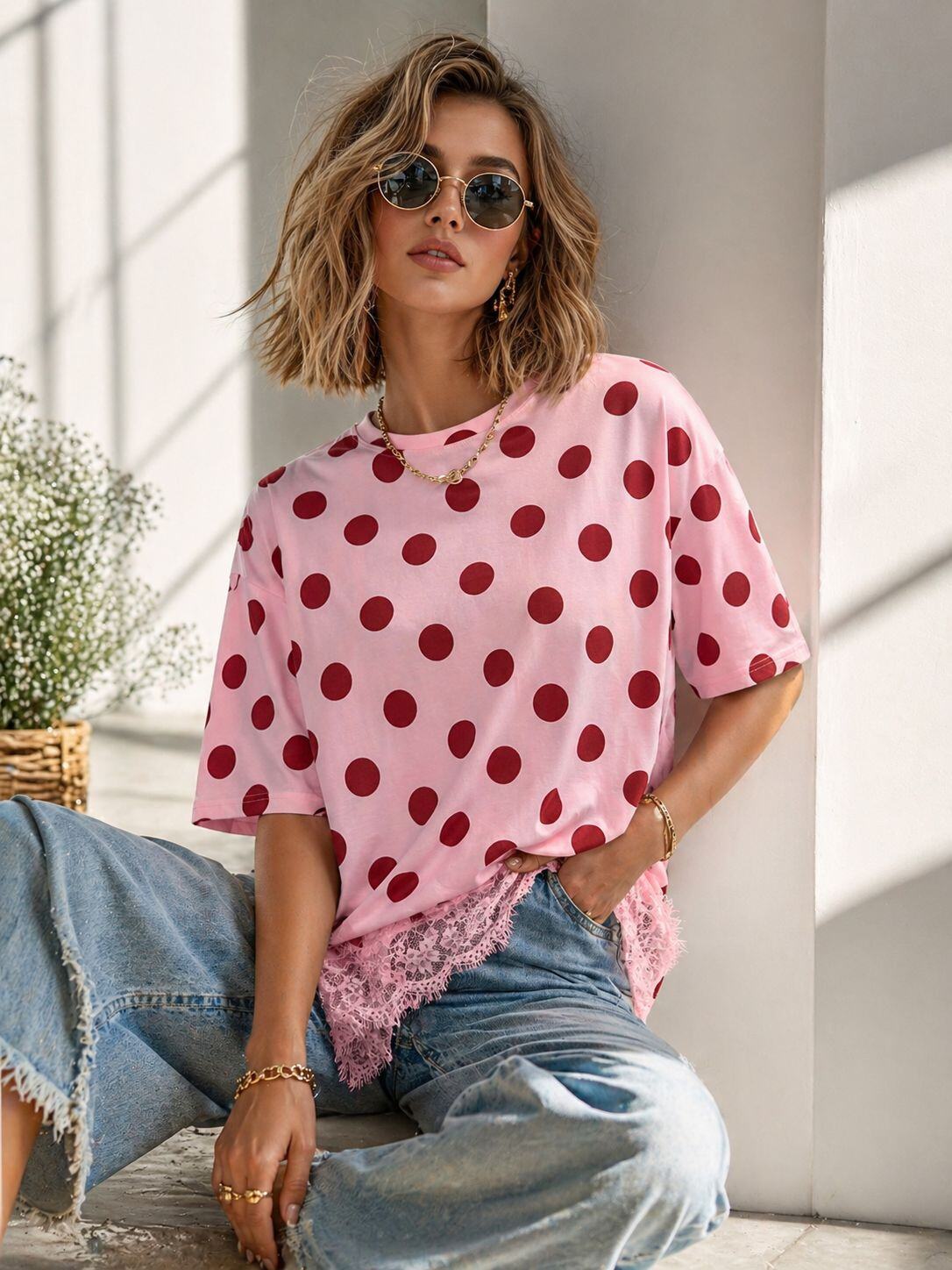 T-shirt polkadot/lace pink