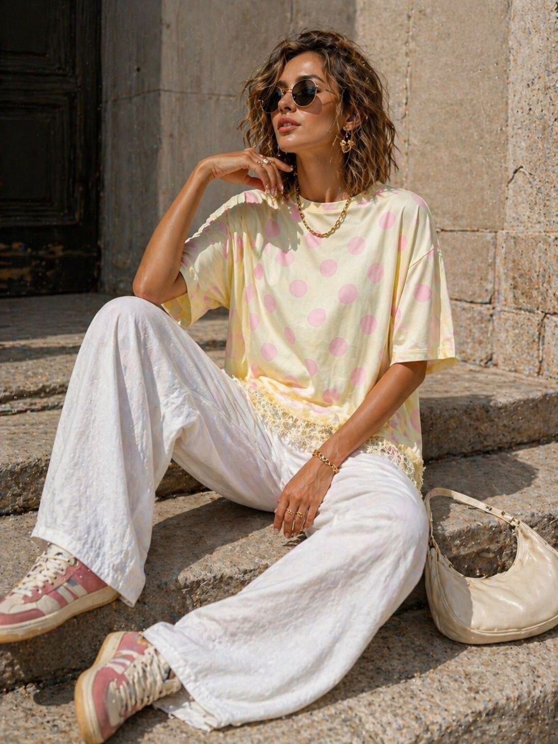 T-shirt polkadot/lace yellow - 2