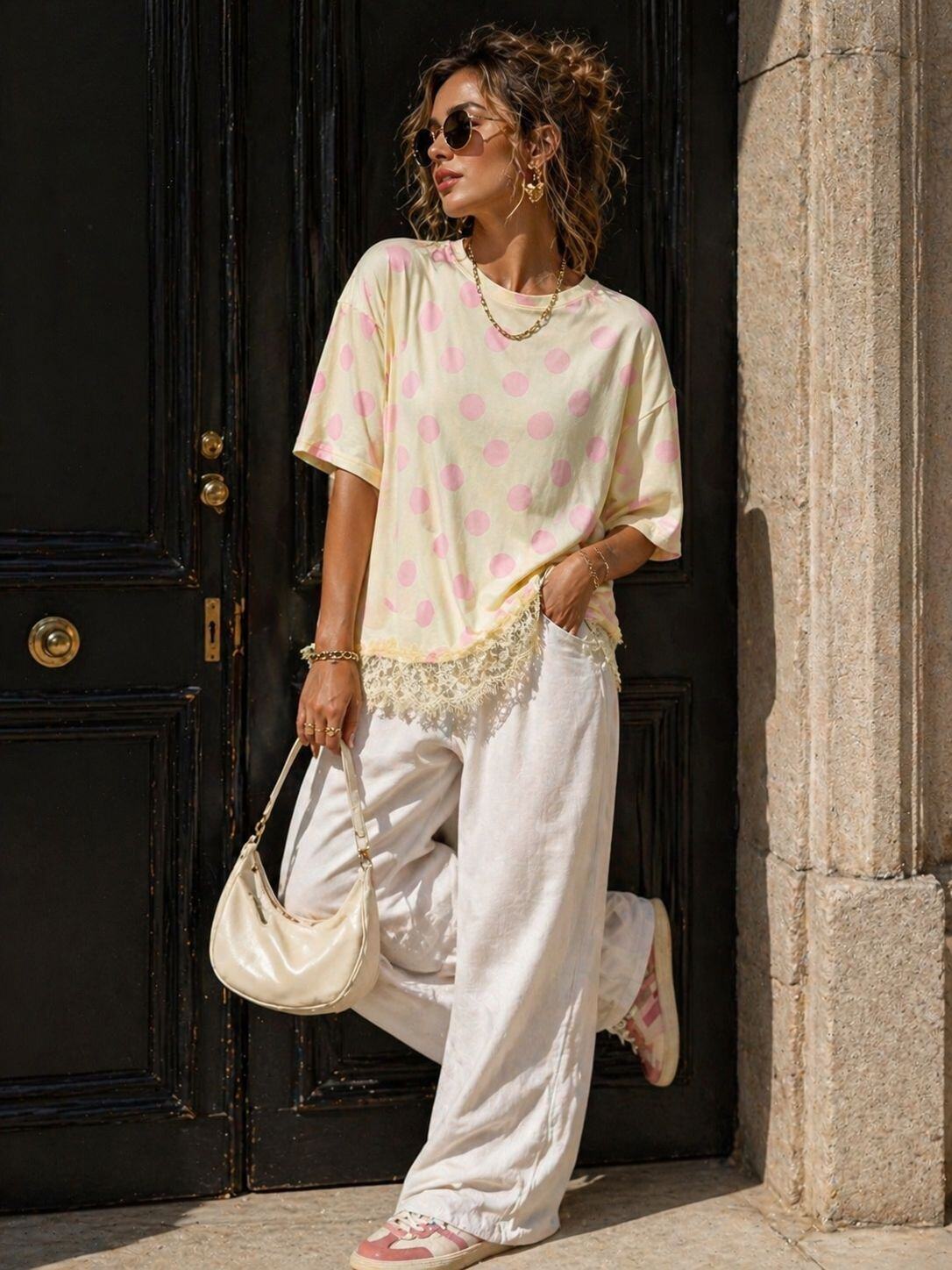 T-shirt polkadot/lace yellow