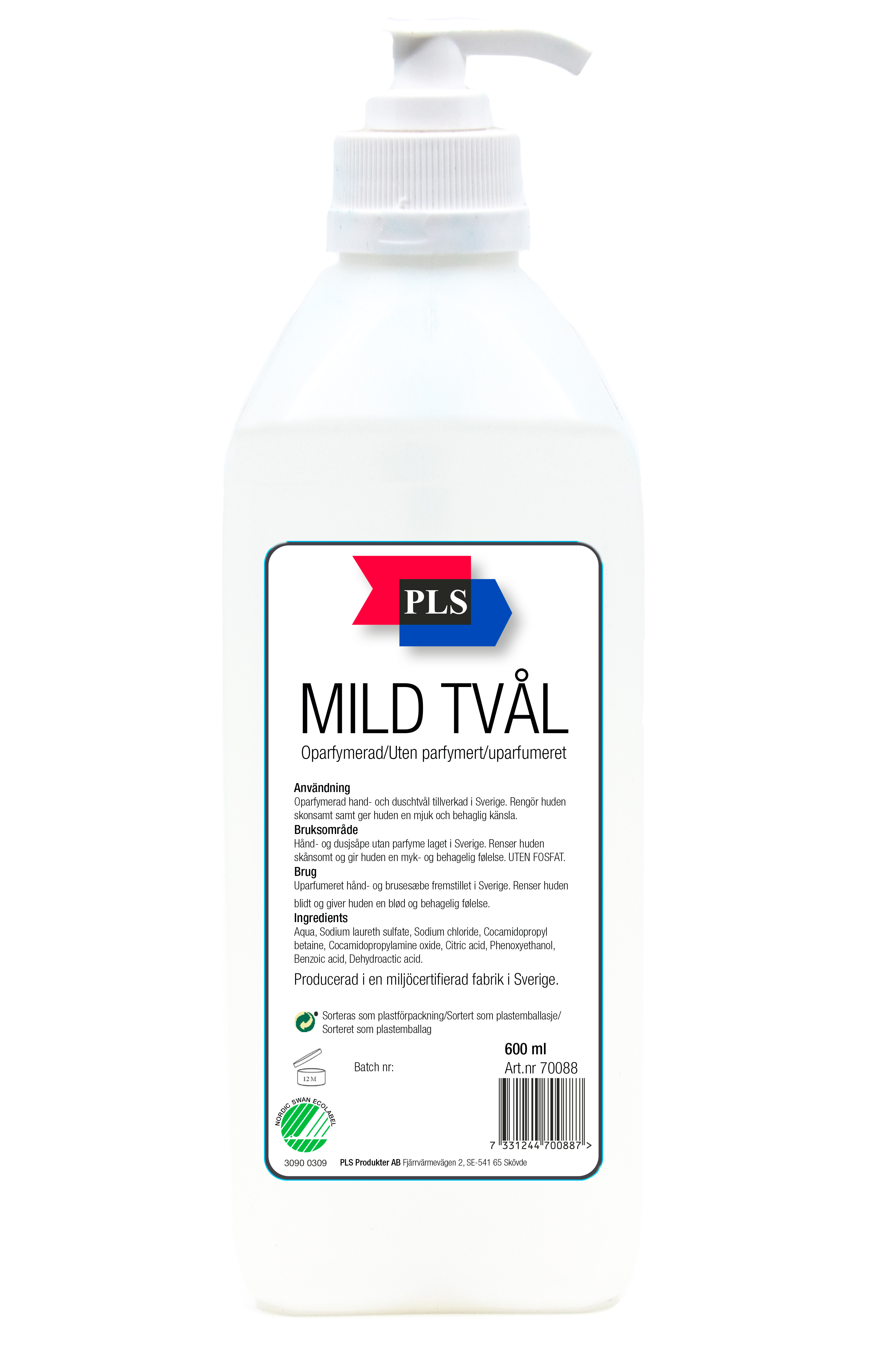 PLS Mild tvål Oparfymerad 0,6L+ Pump