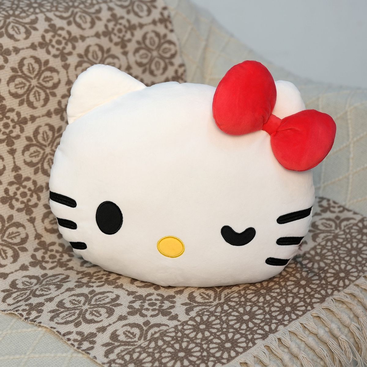 Sanrio Hello Kitty 3D kudde 40 cm – Vit Kawaii Plyschkudde med Röd Rosett - 6