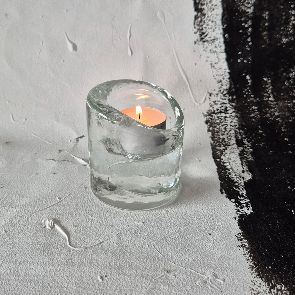 vintage LJUSLYKTA, klarglas, ojämn form, Reijmyre, h 8,5 cm - 9