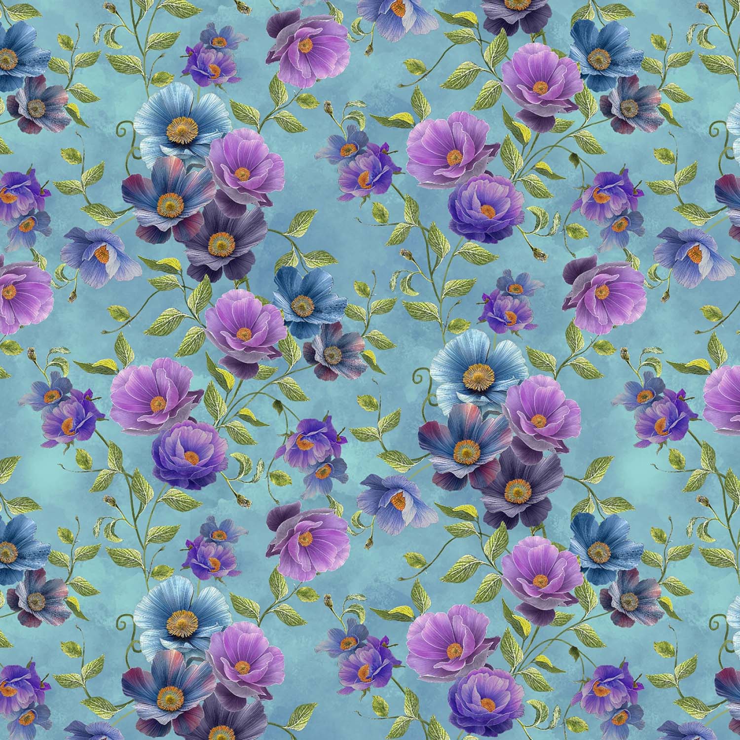 Tyg: Teal/Violet Anemones Flowers, 8 Inch  rapport