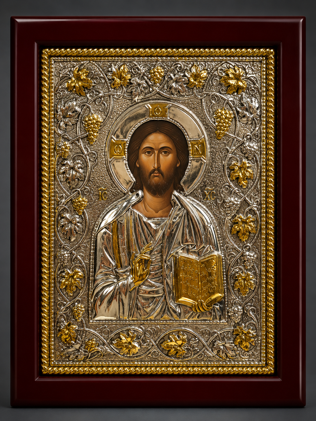 Icon with 925 silver overlay with Jesus in burgundy wood