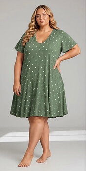 Klänning med änglaärm, prickig/khaki