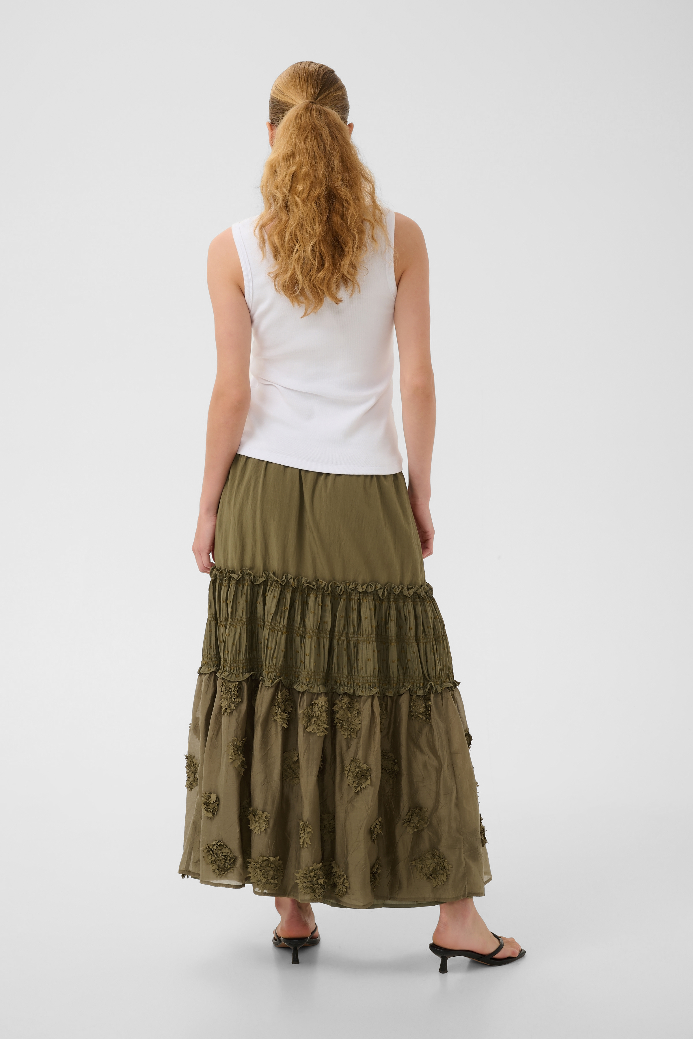CUdeena Skirt Dusky Green Volangkjol med applikationer