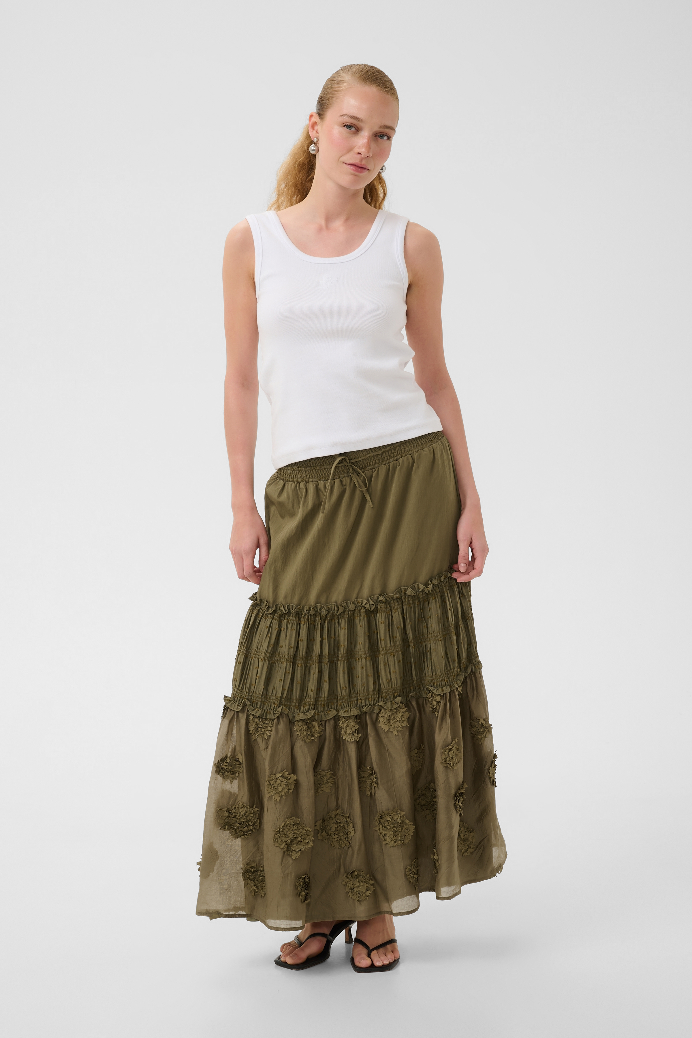 CUdeena Skirt Dusky Green Volangkjol med applikationer