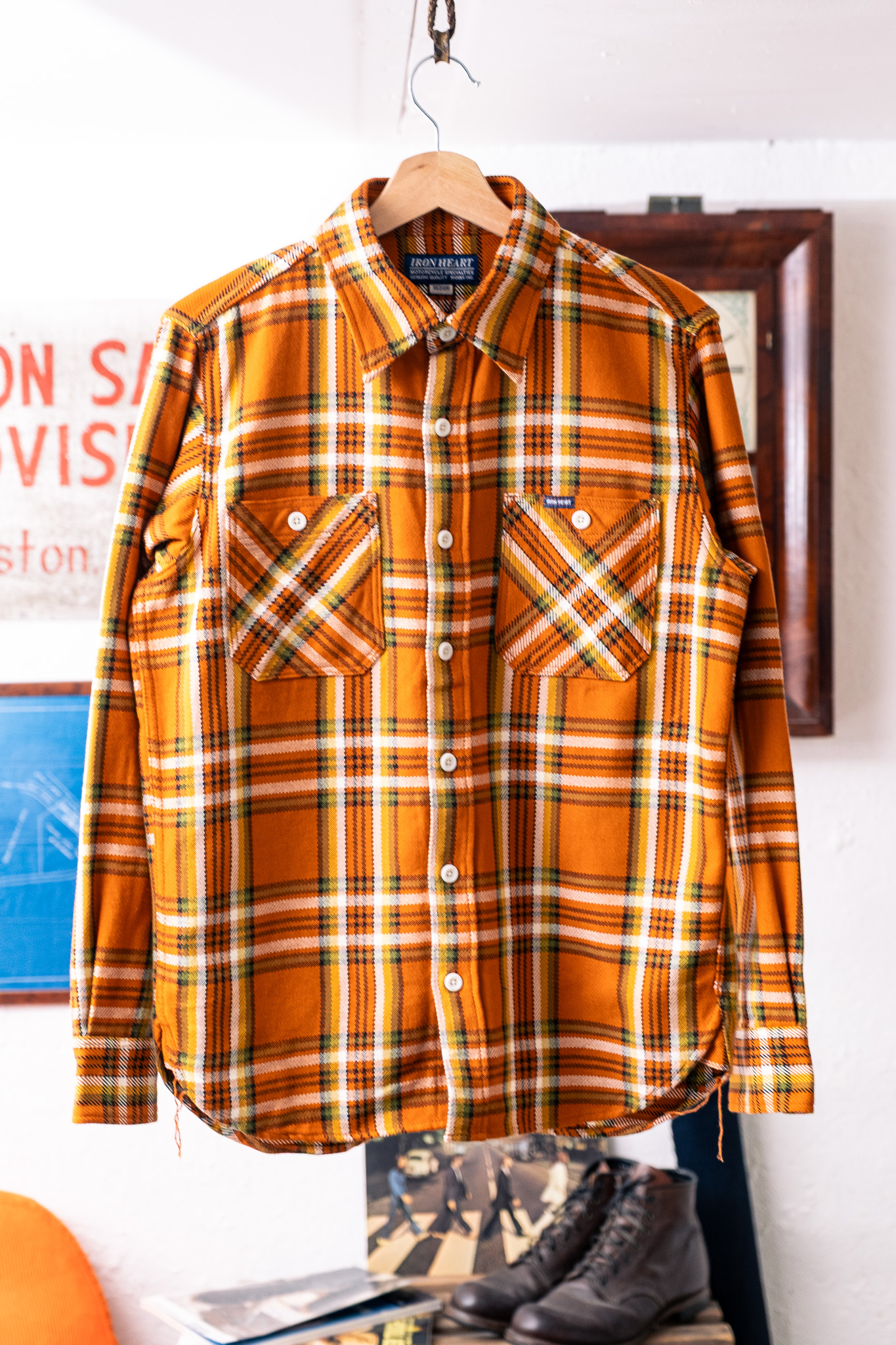 Iron Heart - IHSH-442-ORA 9oz Selvedge Flannel Check Work Shirt Orange