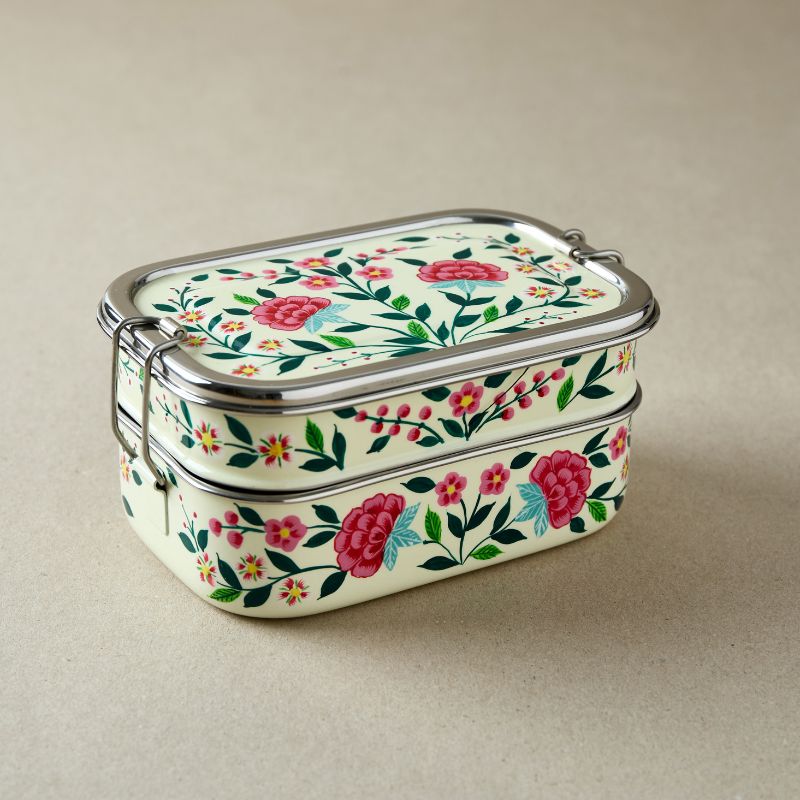 Stainless steel lunch box in tiffin style Pink &amp; Ivory flowers Garland, Dalit