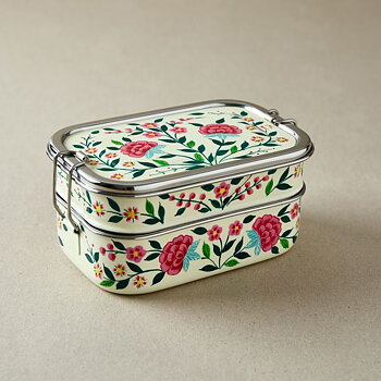 Lunchlåda i rostfritt stål i tiffin-stil Rosa & Ivory blommor Garland, Dalit
