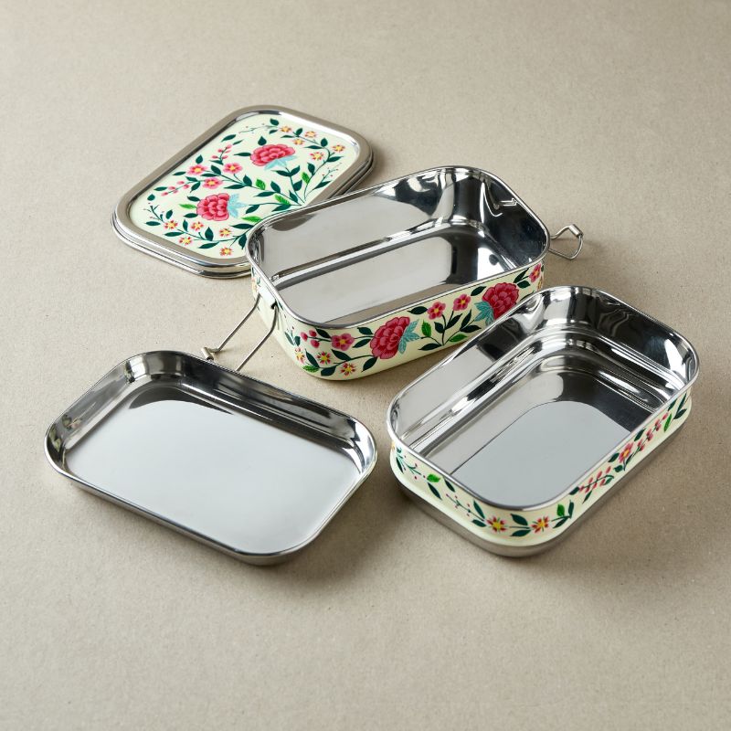 Stainless steel lunch box in tiffin style Pink &amp; Ivory flowers Garland, Dalit - 2