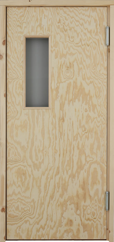 Pendeldörr och svängdörr med slät plywood och har ett fönster. Pendeldörren har dubbelverkande fjädergångjärn.