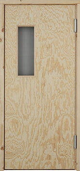 Pendeldörr och svängdörr med slät plywood och har ett fönster. Pendeldörren har dubbelverkande fjädergångjärn.