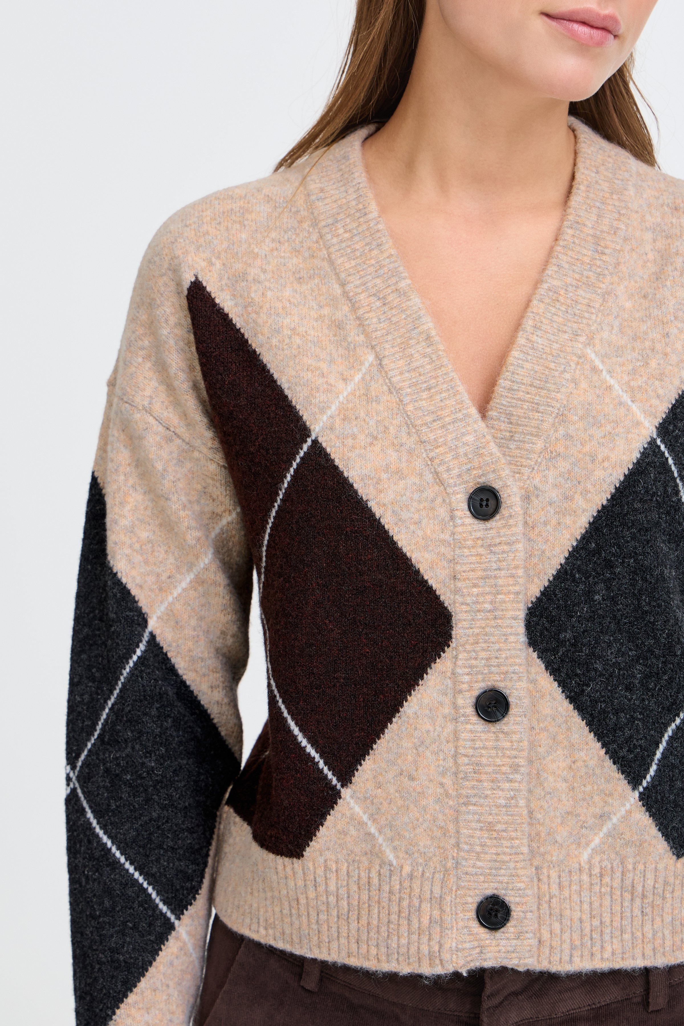BYOSMILLA CARDIGAN HUMUS JAVA DARK GREY ARGYLE - 5
