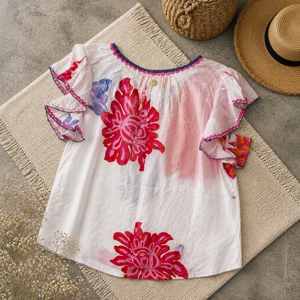 Short Sleeve Big Flower Blouse - Place Du Soleil - 4