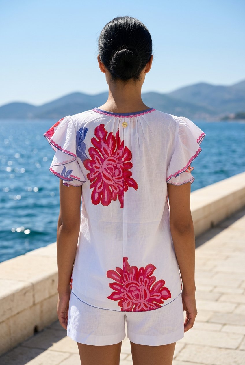 Short Sleeve Big Flower Blouse - Place Du Soleil