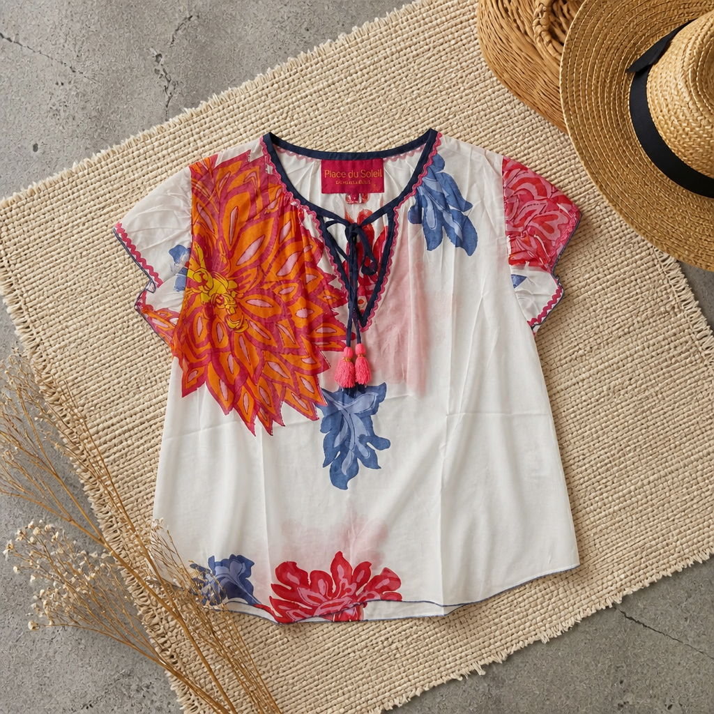Short Sleeve Big Flower Blouse - Place Du Soleil - 3