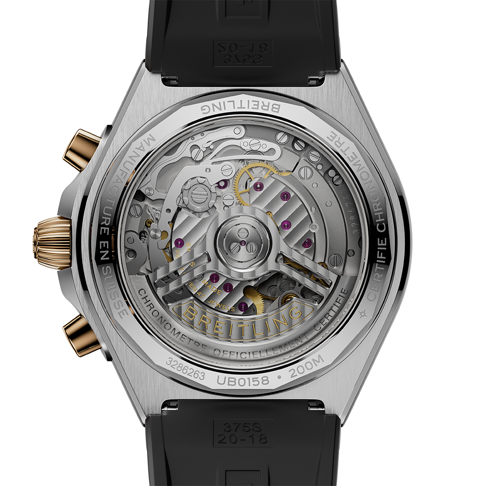 Breitling  UB0158101B1S Chronomat B01 42 grå stål och 18 K rött guld med gummiband baksida